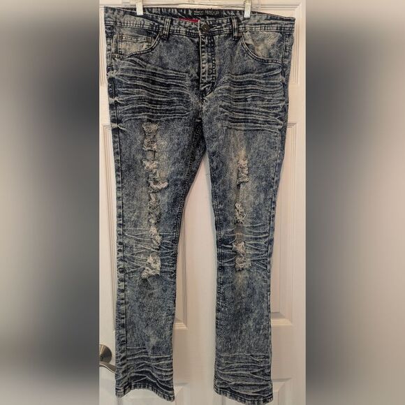 Track 23 Men’s 40x32 Skinny Stretch Acid Wash Ripped Moto Distressed Blue Jeans - Picture 1 of 8